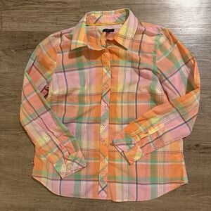Talbots Shirt Women Plaid 100% Cotton Pastel Button Long Sleeve Orange Pink M